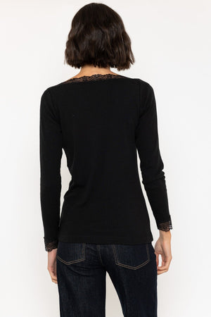 Carraig Donn Black Long Sleeve Lace Neck Ribbed Top