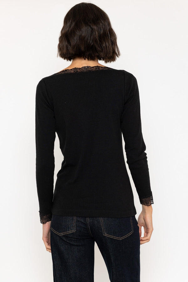 Carraig Donn Black Long Sleeve Lace Neck Ribbed Top