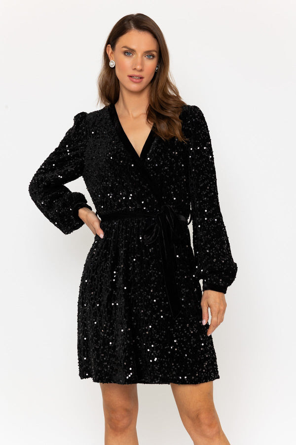 Carraig Donn Black Long Sleeve Sequin Wrap Mini Dress