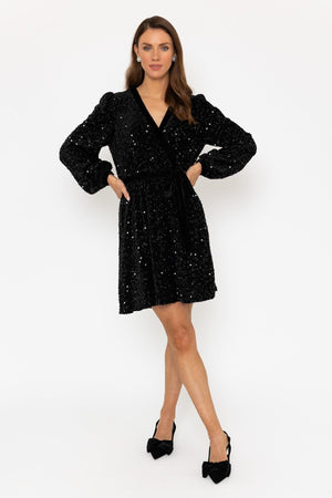 Carraig Donn Black Long Sleeve Sequin Wrap Mini Dress