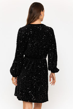 Carraig Donn Black Long Sleeve Sequin Wrap Mini Dress