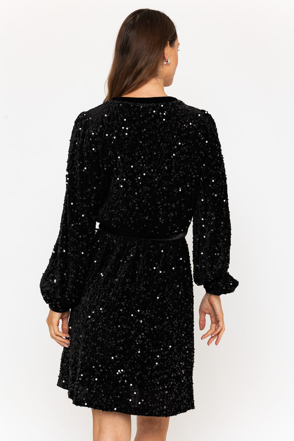 Carraig Donn Black Long Sleeve Sequin Wrap Mini Dress