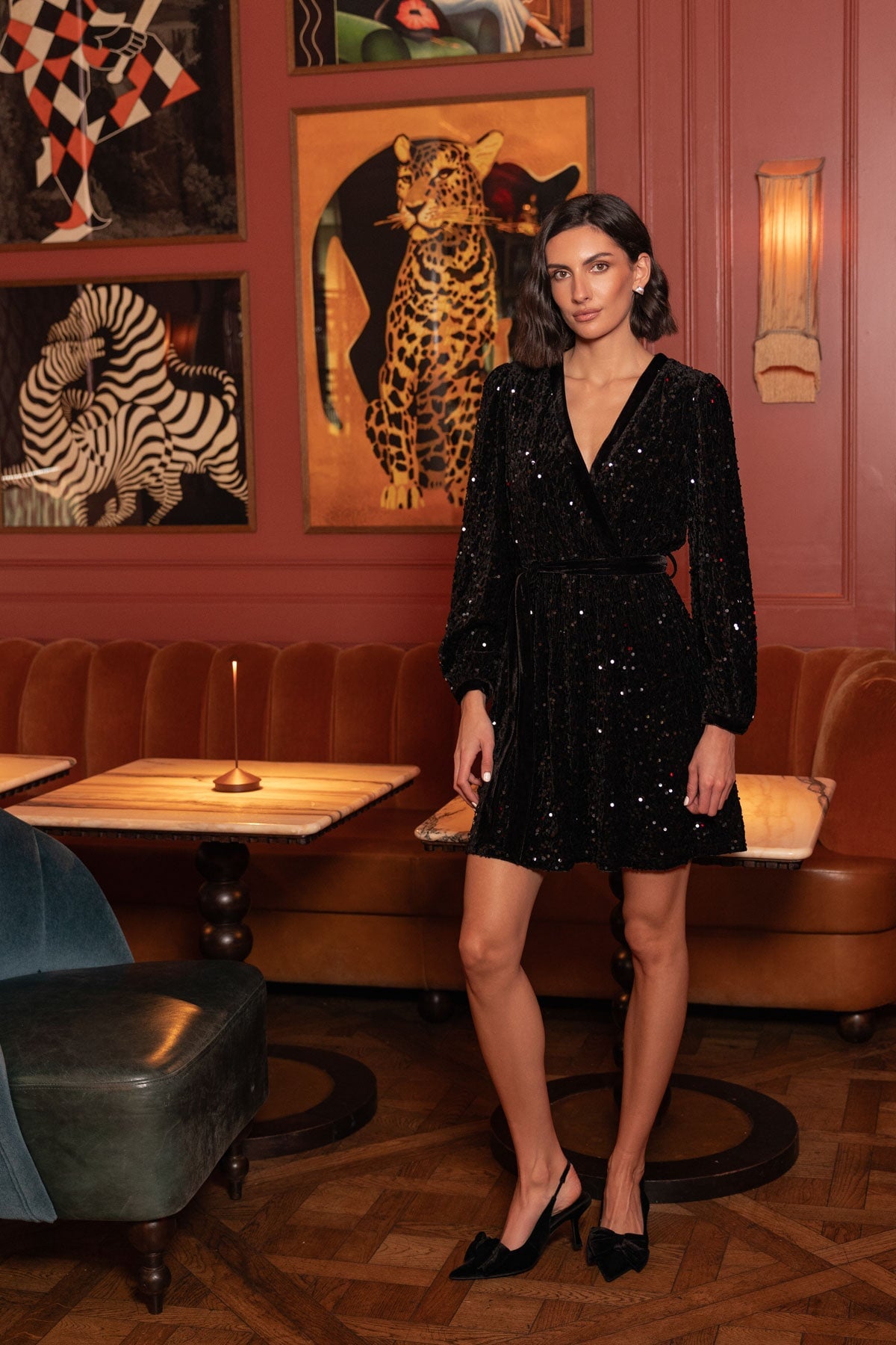 Black Long Sleeve Sequin Wrap Mini Dress