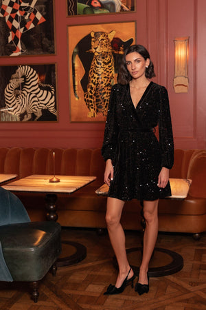 Carraig Donn Black Long Sleeve Sequin Wrap Mini Dress
