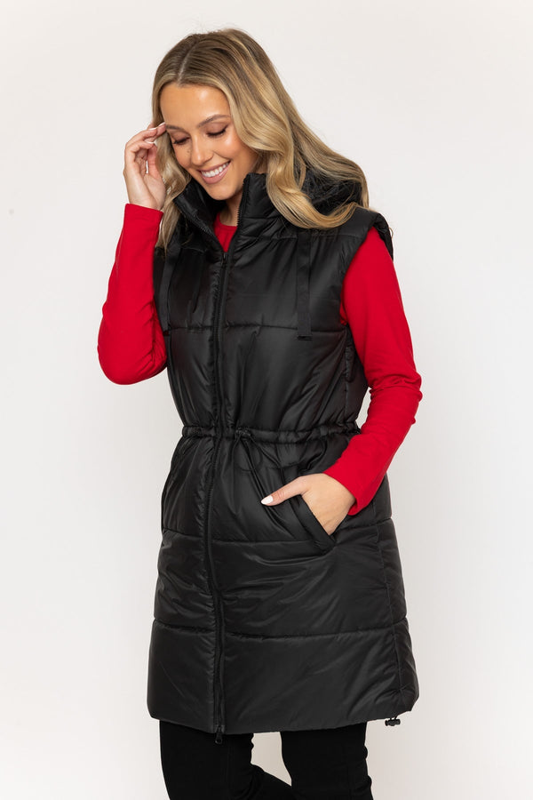 Carraig Donn Black Longline Padded Hooded Gilet