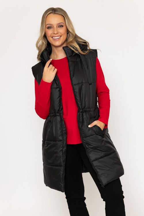 Black Longline Padded Hooded Gilet