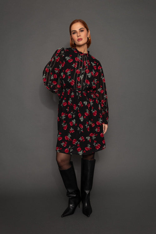 Carraig Donn Black Midi Dress with Floral Print and Stud Details