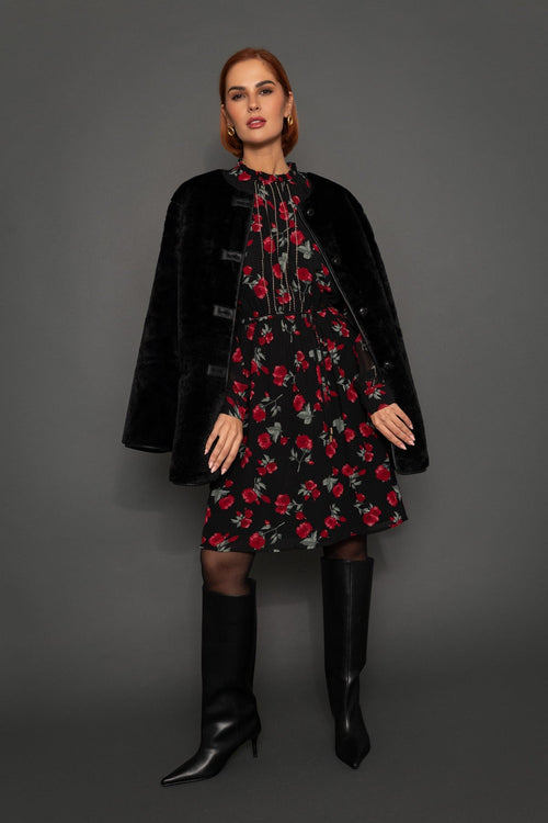 Carraig Donn Black Midi Dress with Floral Print and Stud Details