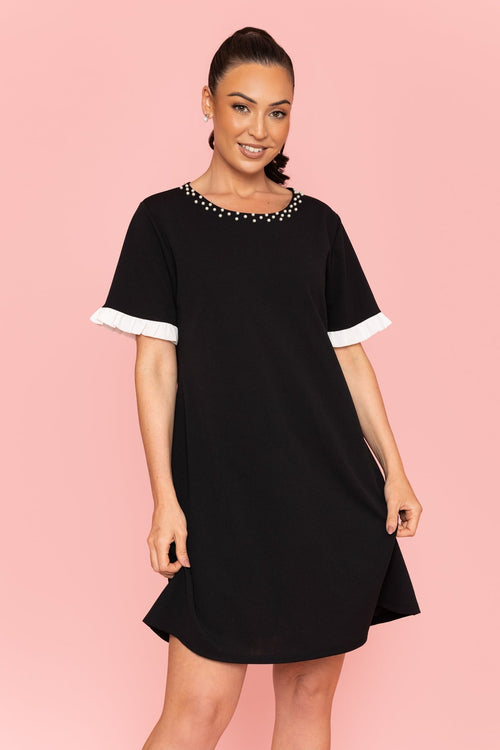 Black Pearl Detail Knee Length Dress