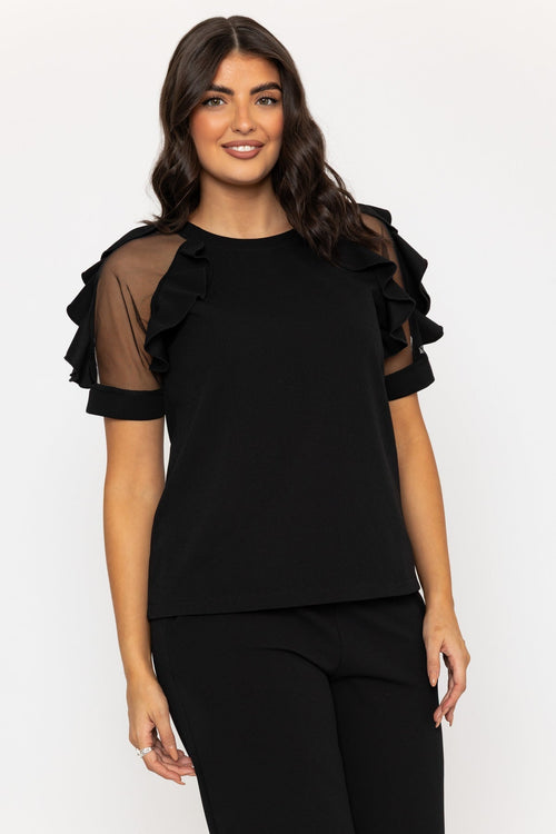Black Ruffle Mesh Sleeve Top