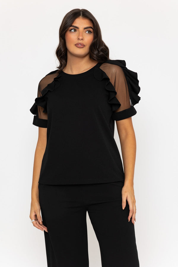 Carraig Donn Black Ruffle Mesh Sleeve Top