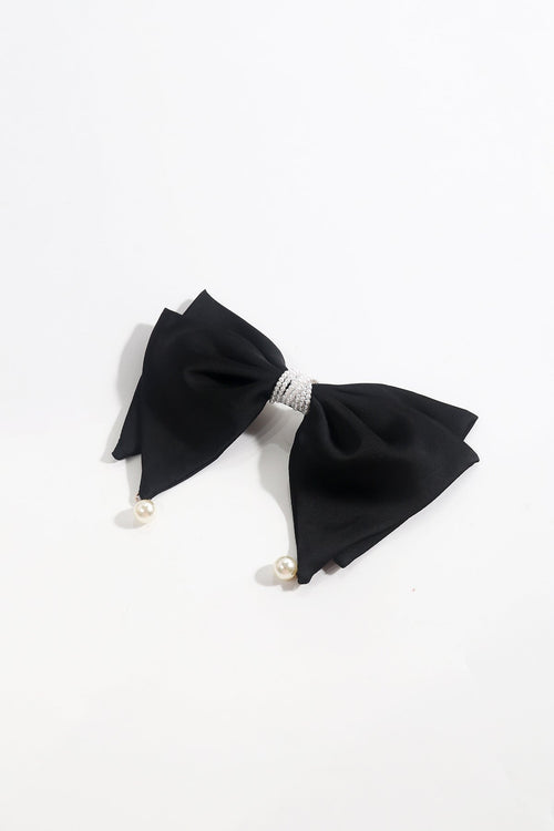 Black Satin Pearl Bow Hair Clip