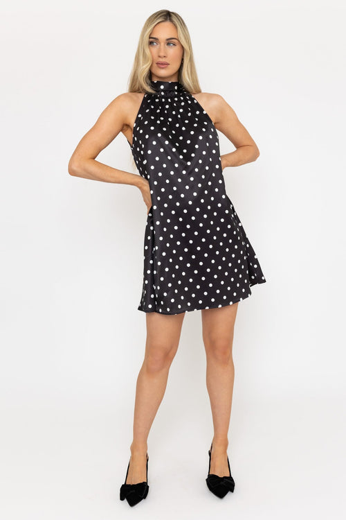 Black Satin Polka Dot Halter Mini Dress