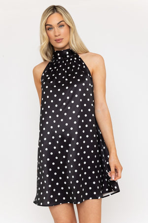Carraig Donn Black Satin Polka Dot Halter Mini Dress