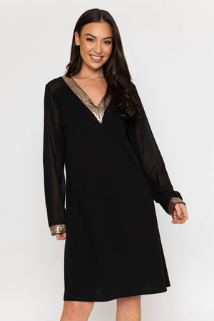 Carraig Donn Black Sequin Trim V-Neck Dress
