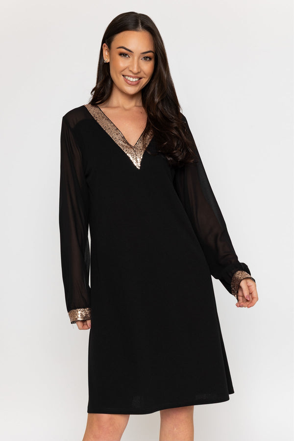 Carraig Donn Black Sequin Trim V-Neck Dress