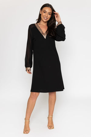 Carraig Donn Black Sequin Trim V-Neck Dress