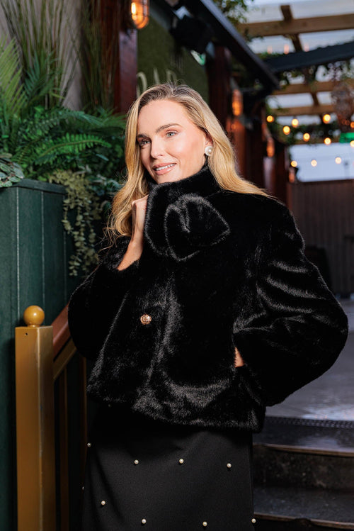 Black Short Faux Fur Coat And Scarf