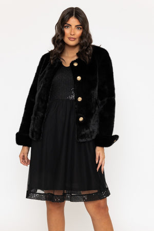 Carraig Donn Black Short Faux Fur Jacket With Turn Back Cuff