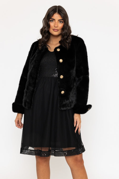 Black Short Faux Fur Jacket With Turn Back Cuff
