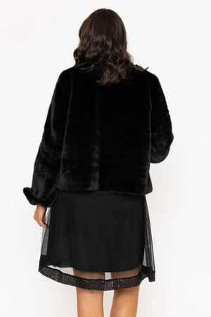 Carraig Donn Black Short Faux Fur Jacket With Turn Back Cuff