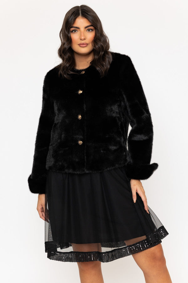 Carraig Donn Black Short Faux Fur Jacket With Turn Back Cuff
