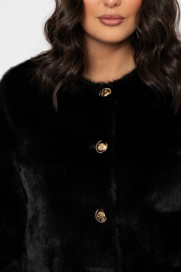 Carraig Donn Black Short Faux Fur Jacket With Turn Back Cuff
