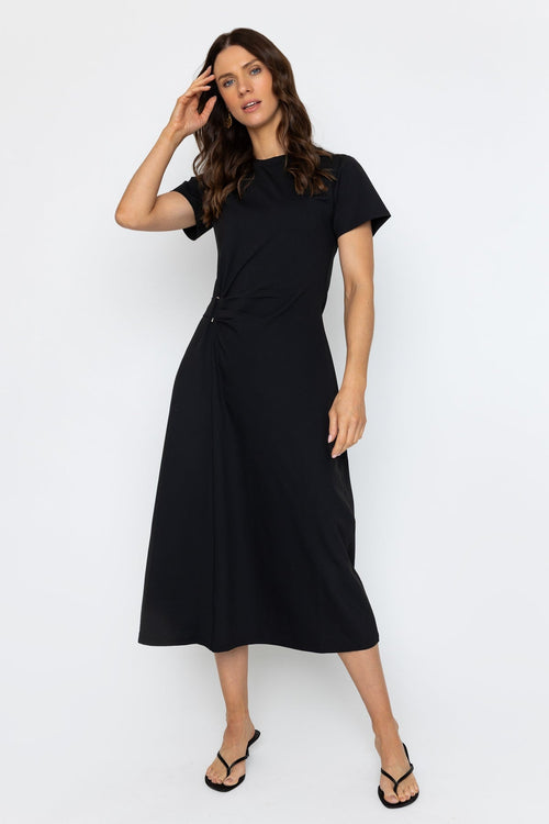 Black T-Shirt Midi Dress with Buckle Detail
