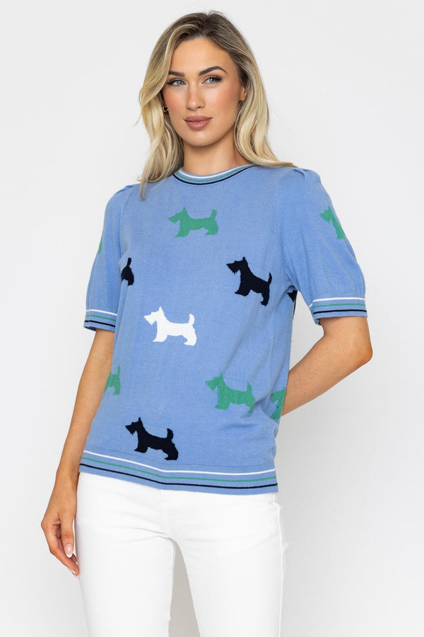 Carraig Donn Blue All Over Dog Print Knit Top