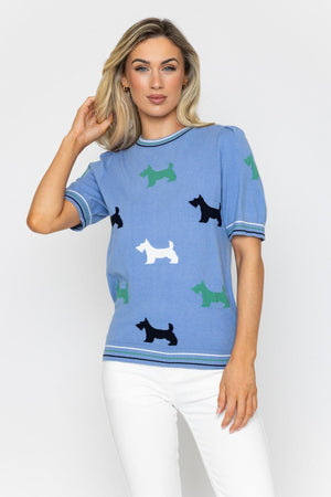 Carraig Donn Blue All Over Dog Print Knit Top
