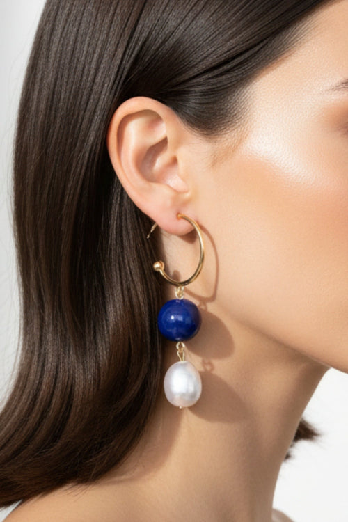 Blue And White Pearl Hoop Earrings