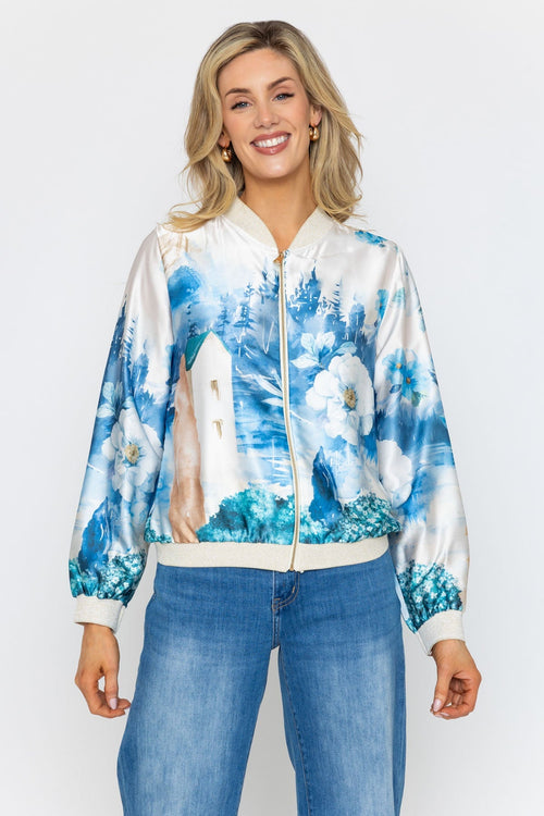 Blue and White Printed Bomber Jacket