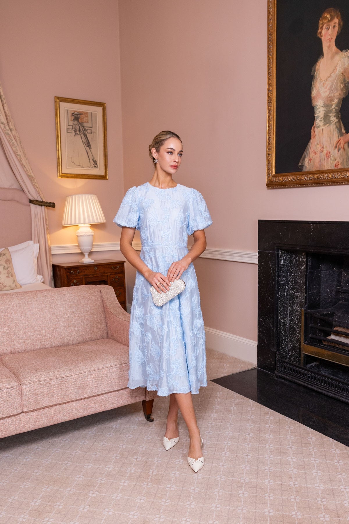 Blue Appliqué Floral Midi Dress