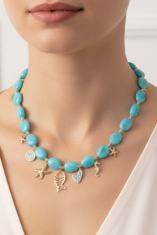 Blue Beaded Sealife Charm Necklace