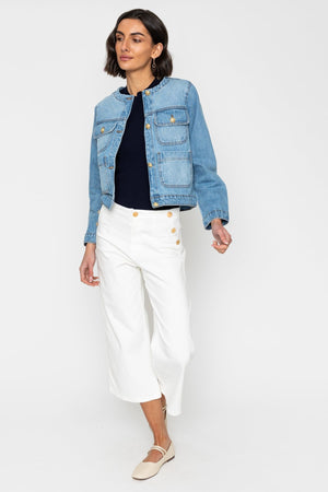 Carraig Donn Blue Denim Collarless Jacket With Gold Buttons