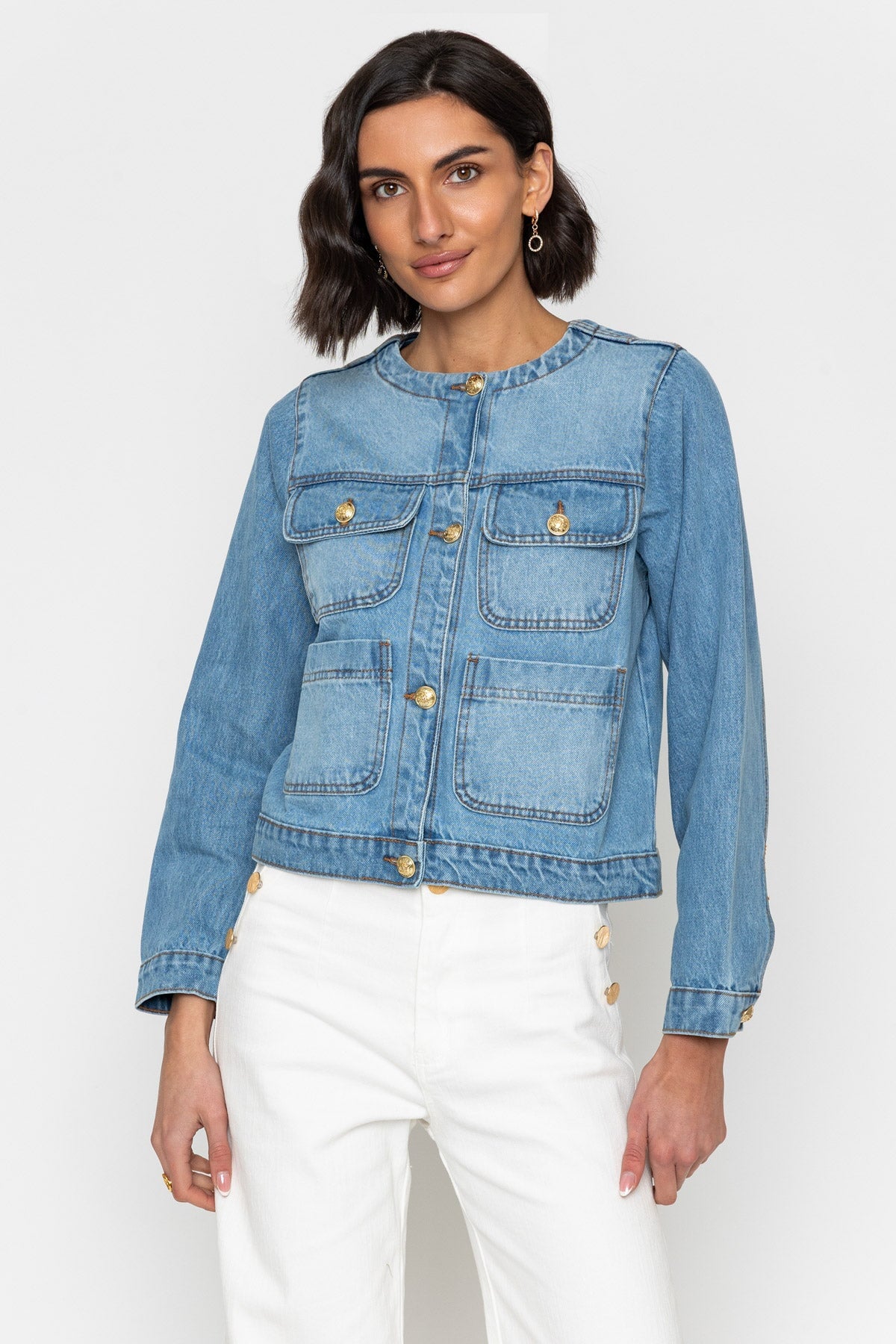 Denim Collarless Jacket With Gold Buttons | Ladies Jackets