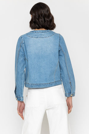 Carraig Donn Blue Denim Collarless Jacket With Gold Buttons