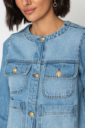 Carraig Donn Blue Denim Collarless Jacket With Gold Buttons