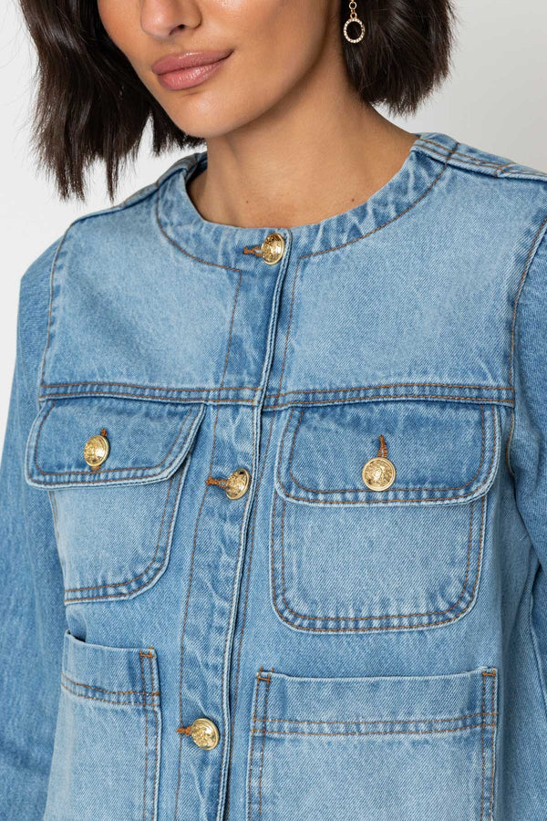 Carraig Donn Blue Denim Collarless Jacket With Gold Buttons