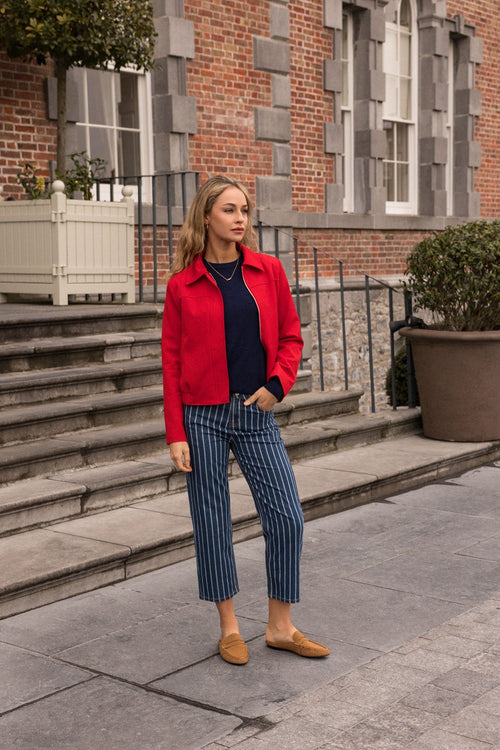 Blue Denim Striped Cropped Leg Jeans