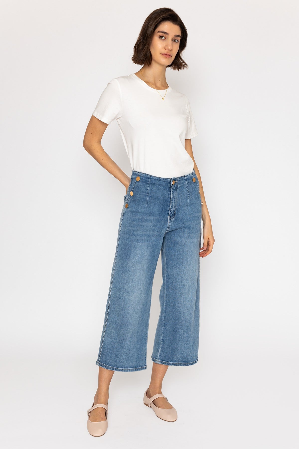 Blue Denim Wide Leg Cropped Jeans