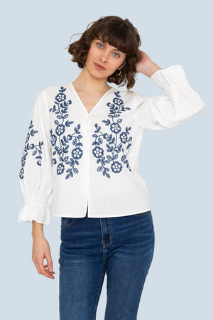 Blue Embroidered Button Blouse