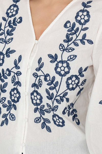 Carraig Donn Blue Embroidered Button Blouse