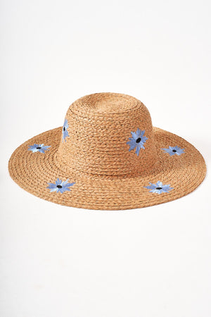Carraig Donn Blue Embroidered Flower Straw Hat