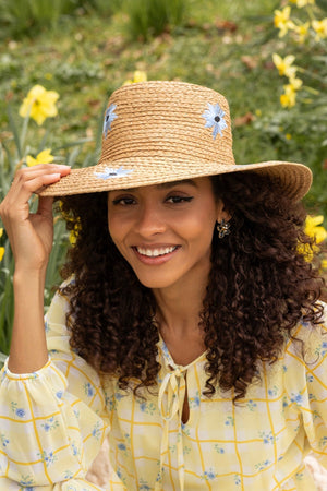 Carraig Donn Blue Embroidered Flower Straw Hat