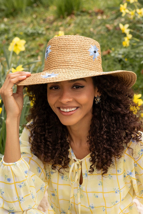 Blue Embroidered Flower Straw Hat