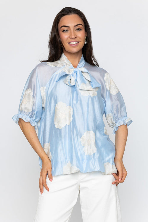 Carraig Donn Blue Embroidered Pussybow Blouse