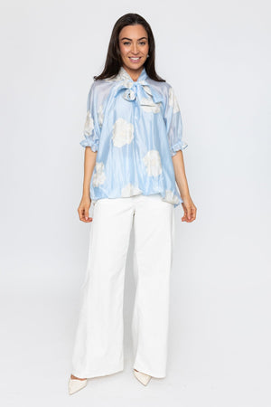 Carraig Donn Blue Embroidered Pussybow Blouse