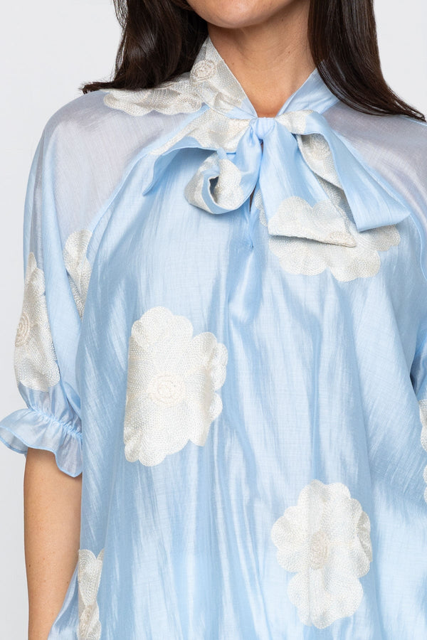 Carraig Donn Blue Embroidered Pussybow Blouse