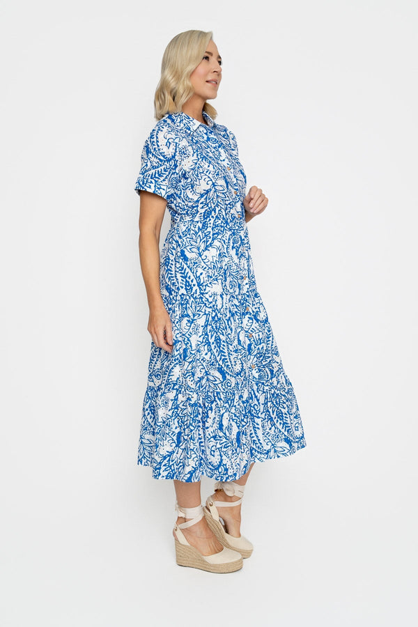 Carraig Donn Blue Embroidery Anglaise Printed Shirt Midi Dress